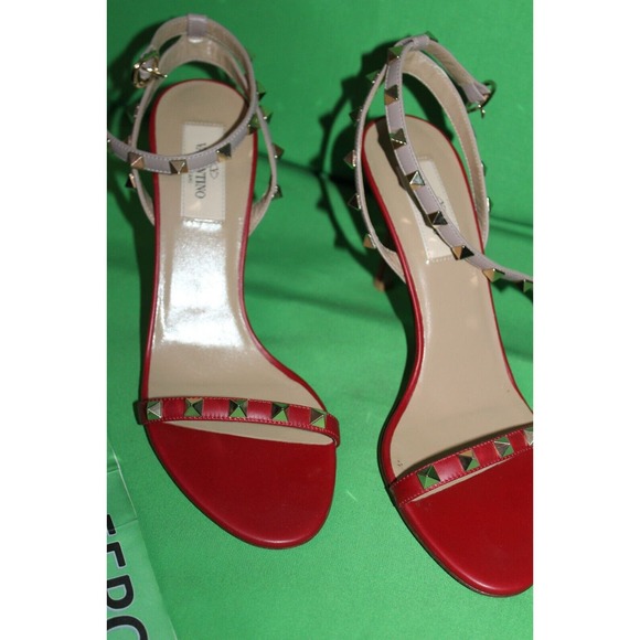 Valentino Garavani Gold Rockstud Red Calfskin Leather Sandal Heels Size 37 - Picture 2 of 11